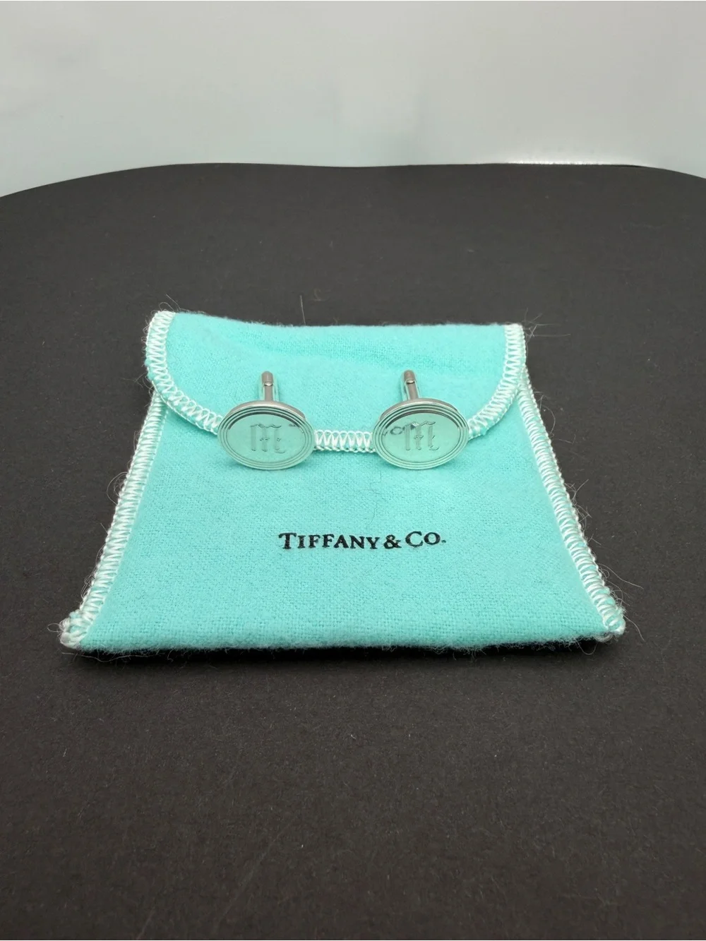 Vintage Tiffany & Co Classic Oval Cufflinks w Engraved M or W